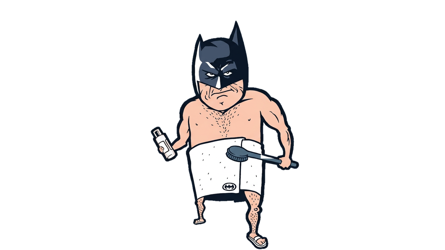 The Bathman: a stern masked hero in a white towel and flip-flops, holding a shampoo bottle and a long bath brush.
